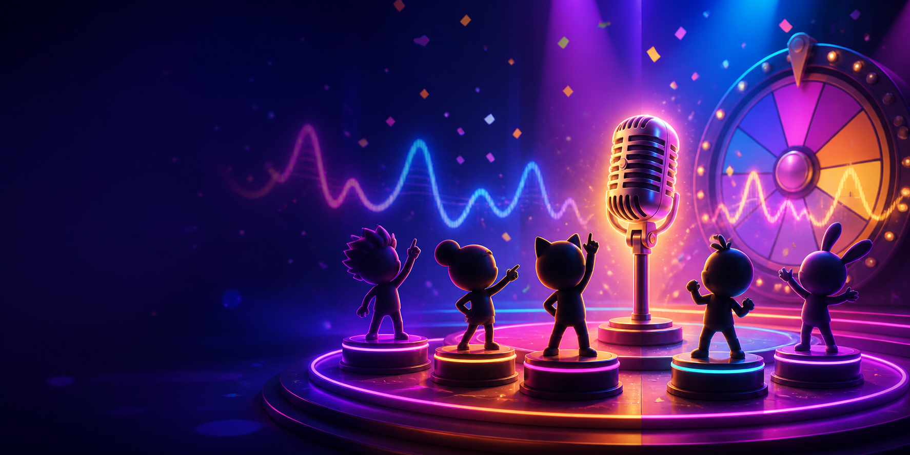 A glowing microphone surrounded by playful characters on a neon party stage
